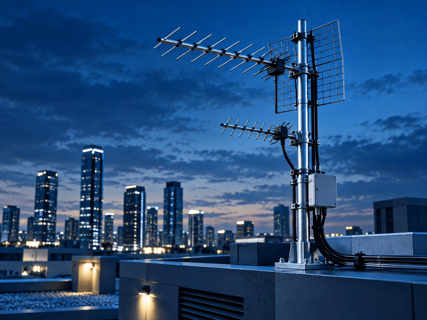 Bina çatısında merkezi yayın antenleri